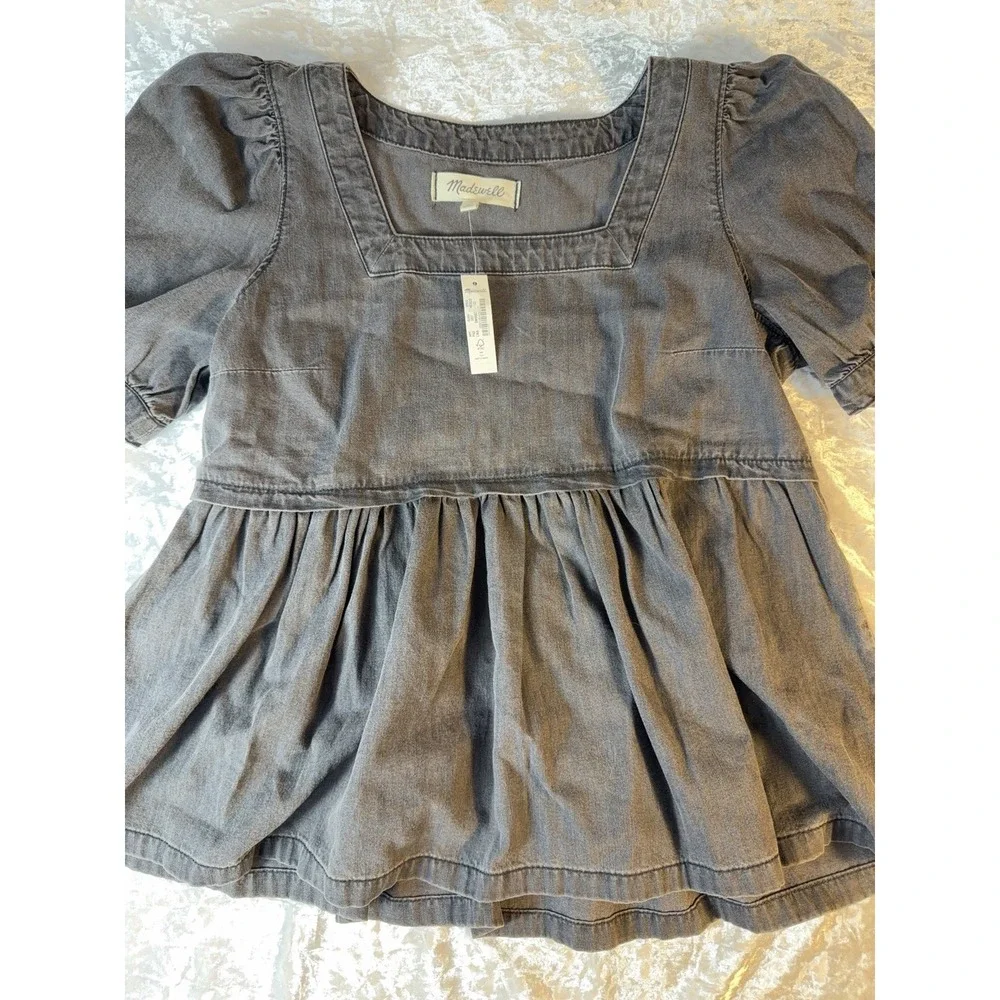 Madewell Chambray Peplum Top XS Puff Sleeve Square Neck Babydoll Cottagecore